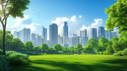 Fototapeta premium Public park and high-rise buildings cityscape in metropolis city center. Green environment city and downtown business district in panoramic view.