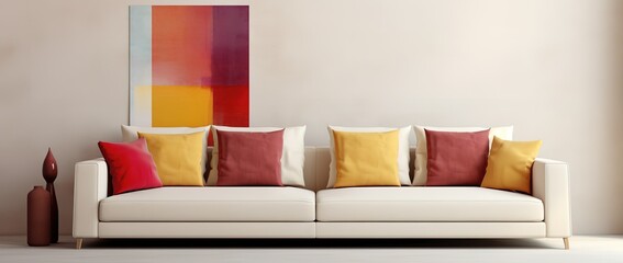 Living room interior with white sofa, red and yellow pillows with white walls that are minimalist and clean 