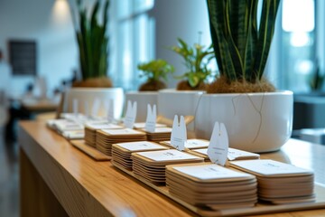 An organized lineup of name tags and personalized welcome packets on a sleek reception desk, awaiting candidates arriving for interviews at a leading technology firm.