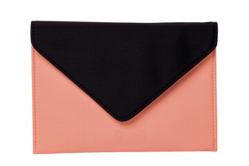 Cosmetic bags. Close-up of a beautiful pink and black cosmetic bag isolated. Clipping path. Essential equipment brushes for make-up. Macro of clutch bag or wallet.