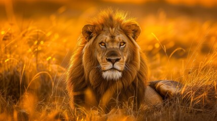 Lion's Gaze in Golden Field - The captivating gaze of a lion amidst the golden hues of the African field