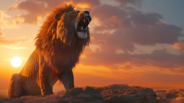 Lion at Sunrise on the Horizon - A serene lion sits at sunrise, horizon stretching out behind