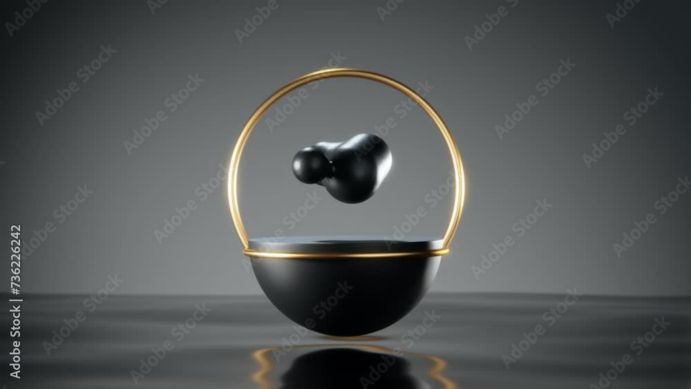 Poster loop abstract animation of a black wavy surface and a hemisphere with golden rings. drops of black l