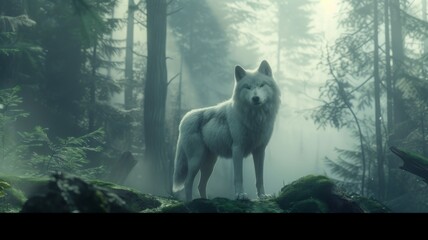 A solitary wolf stands amidst a foggy forest, capturing a scene of serene wilderness - a perfect moment of tranquility in nature.