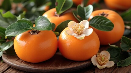 persimmon closeup on wooden background - obrazy, fototapety, plakaty