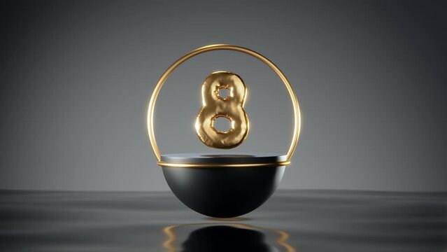Loop abstract 3d animation of the golden number 8, the date of the holiday is March 8, International Women's Day. The number inflates and descends like a balloon. The Eight and the hemisphere