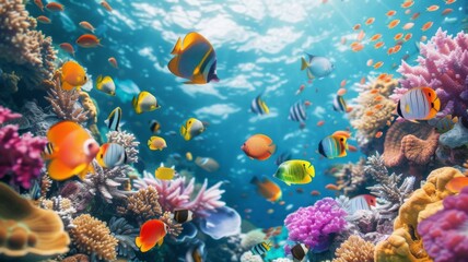 Underwater Paradise: Coral & Fish - Exploring the dynamic interaction of fish with colorful coral formations in a pristine underwater environment. - obrazy, fototapety, plakaty