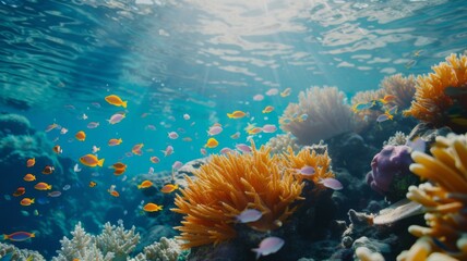Fototapeta na wymiar Vibrant Coral Reef Ecosystem - A colorful underwater scene with diverse marine life thriving among the coral reef.