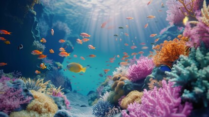 Exotic Marine Life in Sunlit Waters - The radiant sunlight filters through the water, highlighting the exotic marine life in a thriving coral reef.