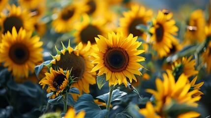 Sunlit Field of Blooming Sunflowers with a Flying Bee