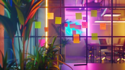 Fototapeta na wymiar Vivid Office Creativity with Sticky Notes - A colorful array of sticky notes adorns a glass window, reflecting a vibrant workplace culture.