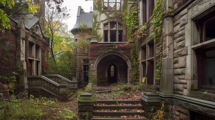 Fototapeta na wymiar Explore the hidden wonders of an abandoned mansion, where ivy creeps up weathered stone walls and broken windows frame views of overgrown gardens