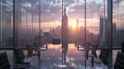 Dawn's First Light in Corporate Setting - A pristine boardroom awaits the day's business as dawn breaks over the city skyline.