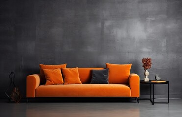Black mock up wall with orange sofa, small table on right left with modern interior background, living room, 3D rendering, 3D illustration