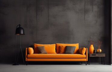 Black mock up wall with orange sofa, black floor lamp with modern interior background, living room, 3D rendering, 3D illustration
