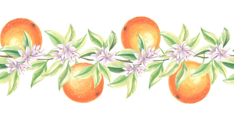 Seamless border with oranges fruit, leaves and flowers. Blooming branches of citrus tree. Watercolor hand drawn illustration background with floral stylized for fabric, wallpaper, textile, covers.
