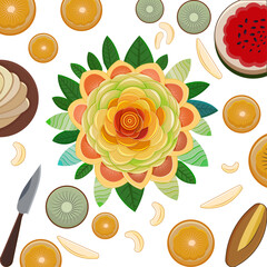 Colorful pattern made of citrus fruits, leaves and strawberries citrus food - assorted citrus fruits with mint leaves kiwi fruit, strawberry, grape and red apple isolated on white background	
