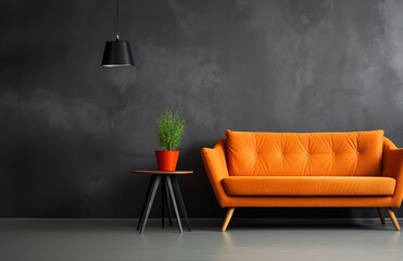 Black mock up wall with orange sofa, black floor lamp and small table with modern interior background, living room, 3D rendering, 3D illustration