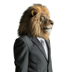 animal lion concept Anthromophic friendly lion wearing suite formal business suit pretending to work in coporate workplace studio shot on transparent