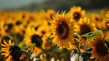 Bright Yellow Sunflowers Blooming in a Sunlit Field with a Bee