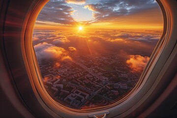 Fototapeta premium Stunning view of the city and cloudless sunset sky behind the airplane window during flight.