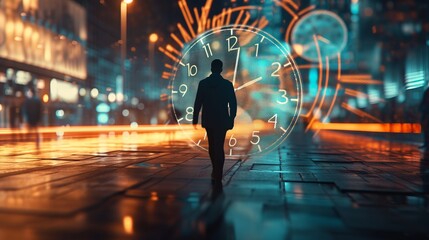 A person walking on a street at night, with city lights and buildings in the background, towards a large, transparent clock face. There's a sense of time and motion captured. - obrazy, fototapety, plakaty