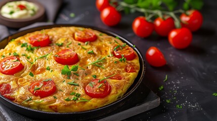 Close-up a Spanish tortilla in a pan, with fresh parsley and cherry tomatoes, on a rustic background - 736228435