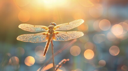 marvel at the intricate beauty of a dragonfly poised on a slender reed, its iridescent wings catching the light in a dazzling display