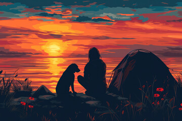 Woman and her pet dog sit at beach next to tent, solitude camping in nature