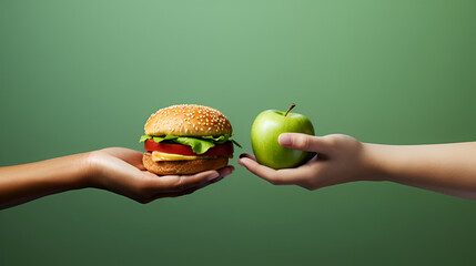 Unhealthy vs healthy food. Burger and apple in different hands on green background . Choice between fast foods and vegetables, fruit. AI Generative - obrazy, fototapety, plakaty