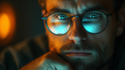 A pensive professional, glasses reflecting light, engrossed in thought with a hand under chin.