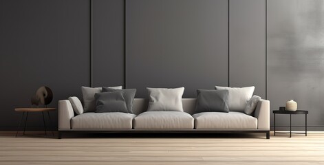 The interior has a grey sofa with white and grey cushions, wooden floors against a grey wall backdrop 