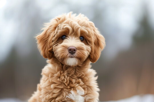 A goldendoodle puppy sitting portrait with blonde hair and a blurred background.