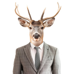 animal deer concept Anthromophic friendly deer wearing suite formal business suit pretending to work in coporate workplace studio shot on transparent