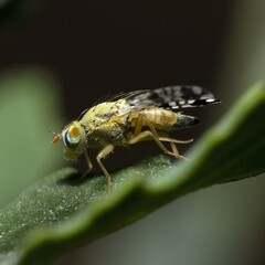 lateral macro view of the multicolored fly Sphenella marginata, isolated in its natural environment