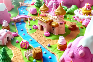 Cartoon fantasy candy land landscape gingerbread houses, ice cream trees and milk river