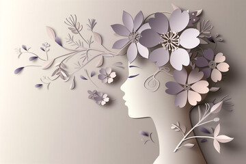 woman face with flower in paper cut style. illustration for womans international day
