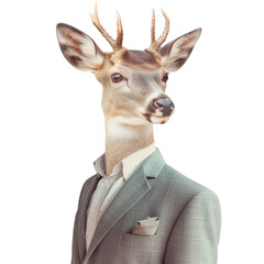animal deer concept Anthromophic friendly deer wearing suite formal business suit pretending to work in coporate workplace studio shot on transparent