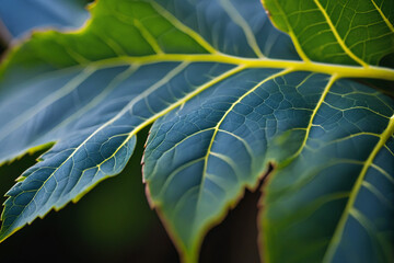 Fototapeta premium Veins of Nature A Macro Leaf's Vein Pattern highlighted soft, translucent blue hue