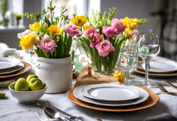 Fototapeta na wymiar Allestimento primaverile con fiori per festeggiare la nuova primavera II