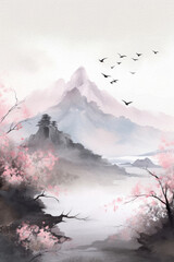 Cherry tree blossoms blooming. Traditional oriental watercolor painting, japanese and chinese style. Ink landscape painting. Lake and mountain landscape in Chinese style.