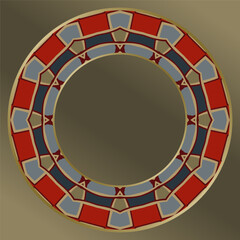 Elegant plate with an interesting geometric pattern in gold red blue gray. Home decor, porcelain design.