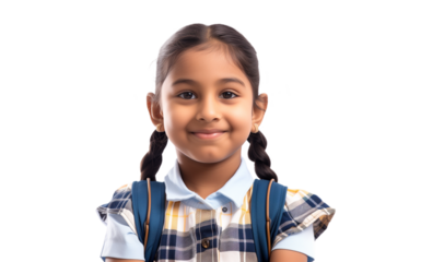Smiling smart indian hispanic preteen girl with ponytails wearing school uniform standing isolated on transparent