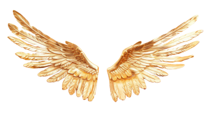 Golden angel wings isolated on transparent backgorund. Beautiful mythological wings. Gold design element. Divinity concept