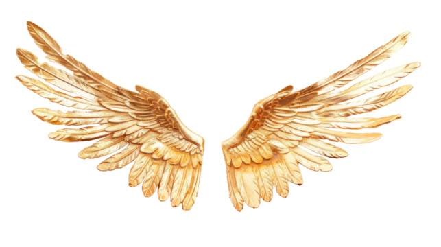 Golden angel wings isolated on transparent backgorund. Beautiful mythological wings. Gold design element. Divinity concept