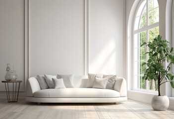 The interior of the bright living room has a white sofa, a small table and plants with wooden floors, against the background of large windows and white walls.