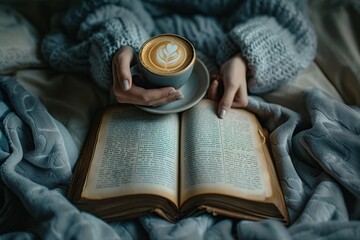 Female hand with book and coffee Woman reading a book in bed at night