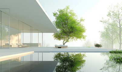 Exterior view of a sleek, minimalistic eco-home, featuring expansive glass windows and a lush green tree, green energy solutions