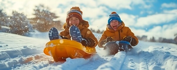 Excitement abounds as two friends fearlessly sled down a snowy hill. Concept Snowy Adventures, Thrilling Sledding, Winter Fun, Fearless Friends, Adrenaline Rush