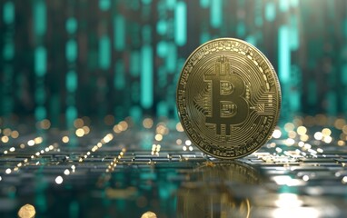 bitcoin criptocurrency symbol with glowing technology abstract effect and hologram circuit background